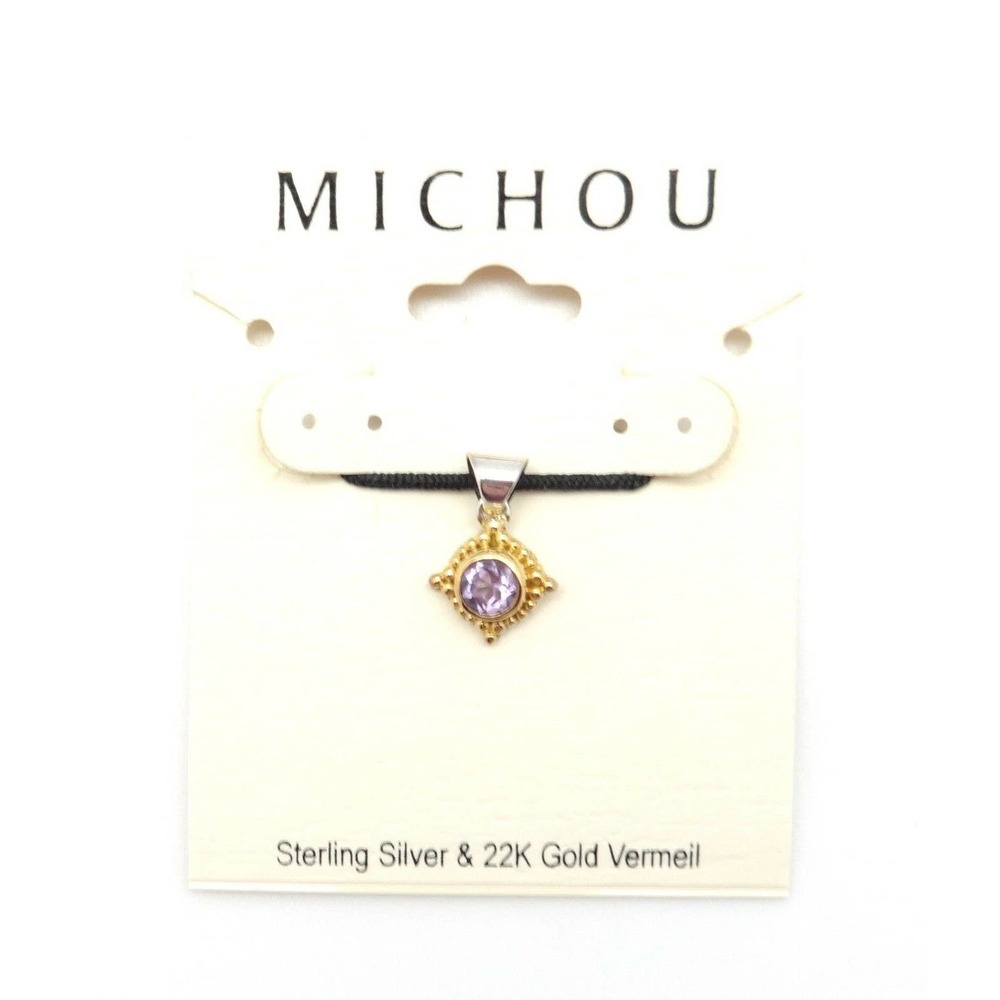 MICHOU Amethyst Birthstone Square Gold Vermeil Pendant 11/16" NEW
